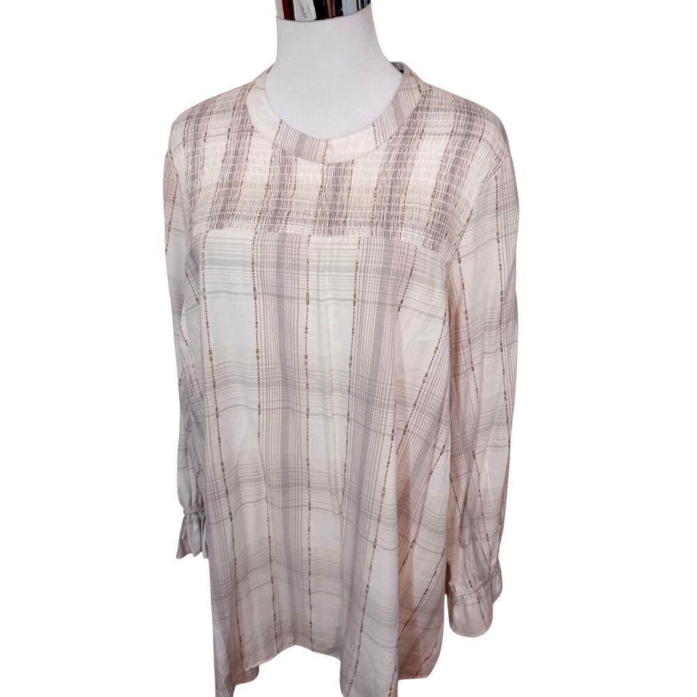 New Lane Bryant Smocked Boho Peasant Top Blouse Plus 18‎ Cream Pink Gold Plaid
